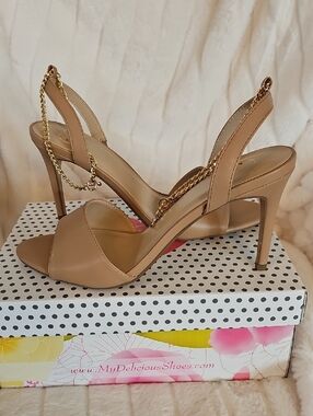 Delicious Nude Slingback Heels with Gold Chain Accent